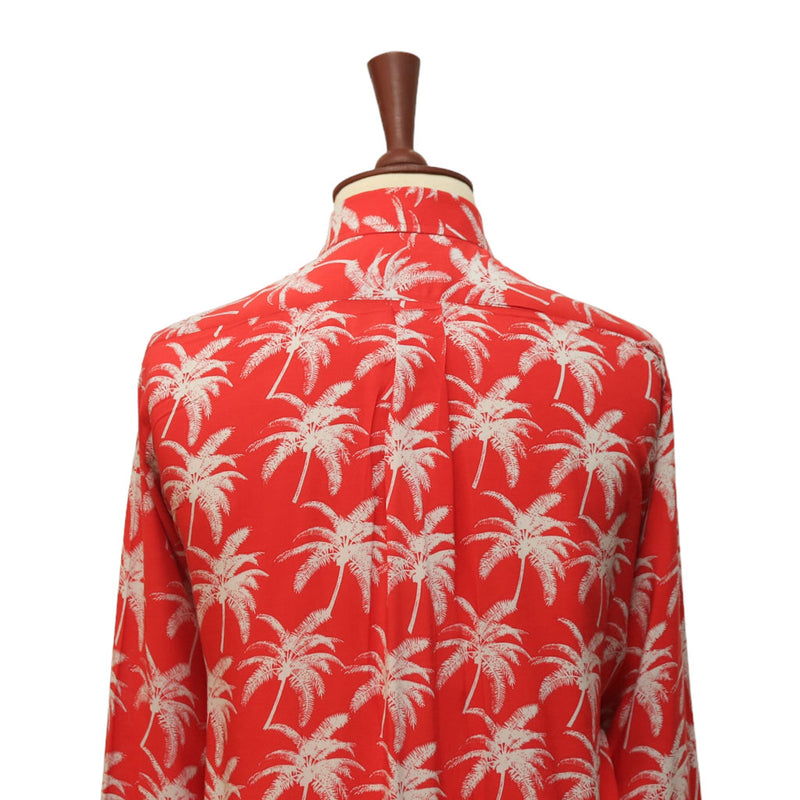 Mens Silky Shirt Button Up Red White Floral Long Sleeve Collared Dress Casual Summer Tropical Hawaiian Beach Handmade Designer Medium