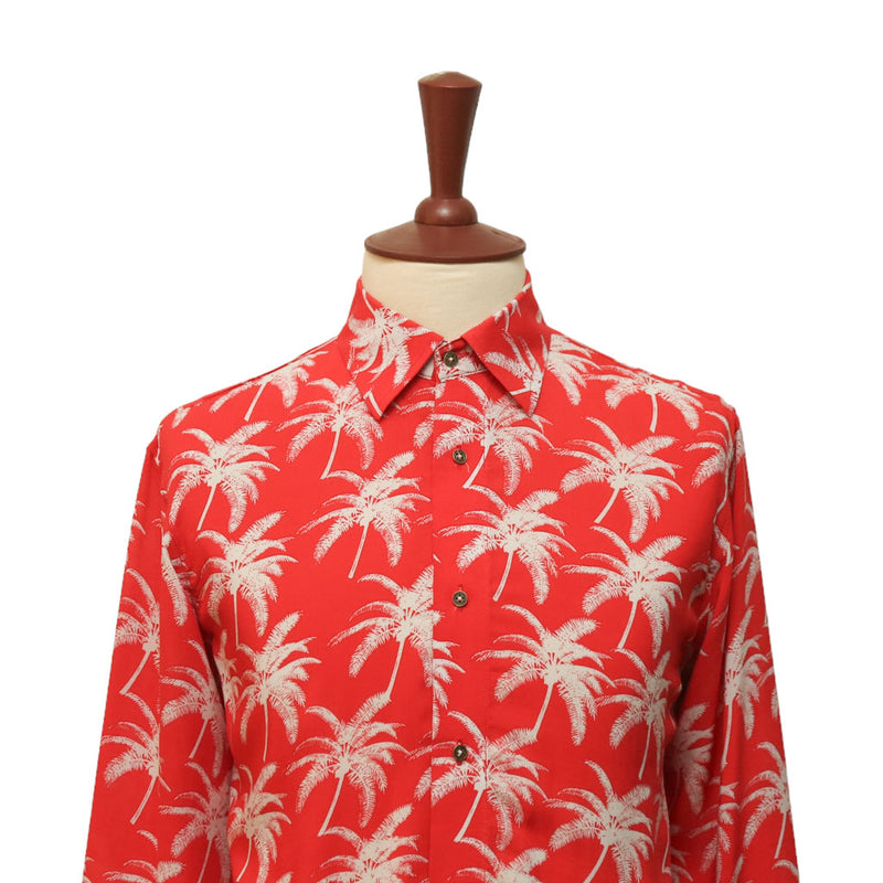 Mens Silky Shirt Button Up Red White Floral Long Sleeve Collared Dress Casual Summer Tropical Hawaiian Beach Handmade Designer Medium