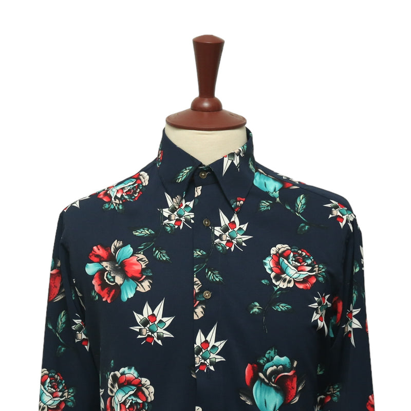 Mens Silk Shirt Button Up Blue Red Floral Long Sleeve Collared Dress Casual Summer Tropical Hawaiian Beach Handmade Designer Medium