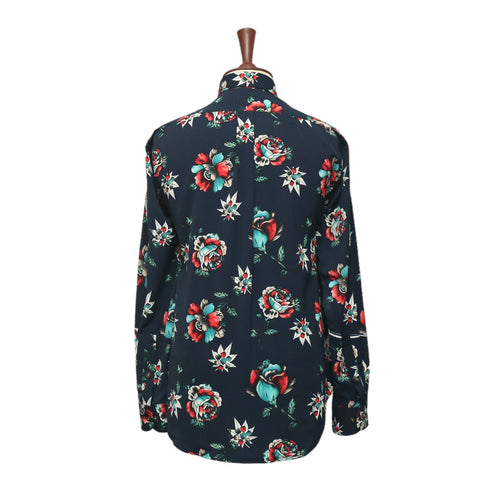 Mens Silk Shirt Button Up Blue Red Floral Long Sleeve Collared Dress Casual Summer Tropical Hawaiian Beach Handmade Designer Medium