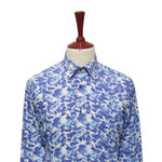 Mens Silk Shirt Button Up Blue Floral Long Sleeve Collared Dress Casual Summer Tropical Hawaiian Beach Handmade Designer Medium