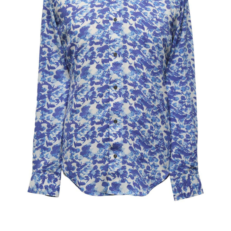 Mens Silk Shirt Button Up Blue Floral Long Sleeve Collared Dress Casual Summer Tropical Hawaiian Beach Handmade Designer Medium
