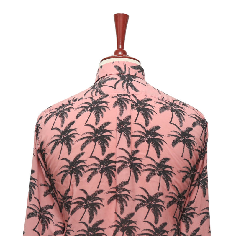 Mens Silky Shirt Button Up Pink Palm Trees Floral Long Sleeve Collared Dress Casual Summer Tropical Hawaiian Beach Handmade Designer Medium