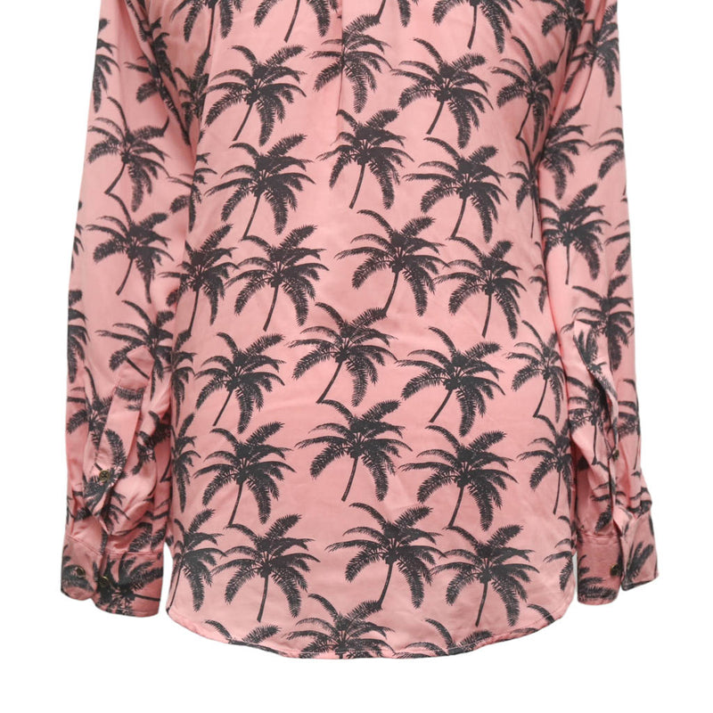 Mens Silky Shirt Button Up Pink Palm Trees Floral Long Sleeve Collared CHIRAGH Mens Silky Shirt Button Up Pink Palm Trees Floral Long Sleeve Collared CHIRAGH