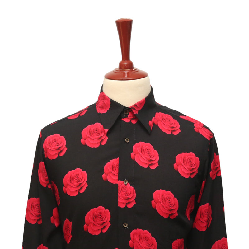 Mens Silky Shirt Button Up Black Red Rose Floral Long Sleeve Collared Dress Casual Summer Tropical Hawaiian Beach Handmade Designer Medium
