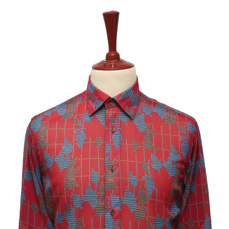 Mens Silky Shirt Button Up Red Blue Green Floral Long Sleeve Collared Dress Casual Summer Tropical Hawaiian Beach Handmade Designer Medium