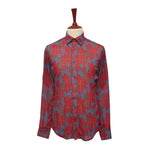 Mens Silky Shirt Button Up Red Blue Green Floral Long Sleeve Collared Dress Casual Summer Tropical Hawaiian Beach Handmade Designer Medium