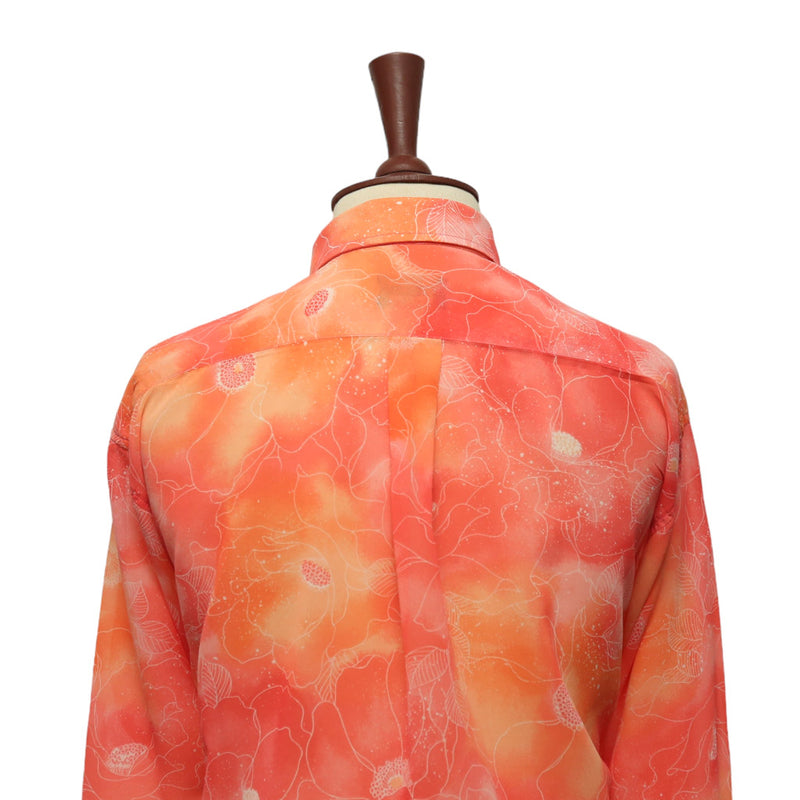 Mens Silky Shirt Button Up Up Orange Pink Floral Long Sleeve Collared Dress Casual Summer Tropical Hawaiian Beach Handmade Designer XL