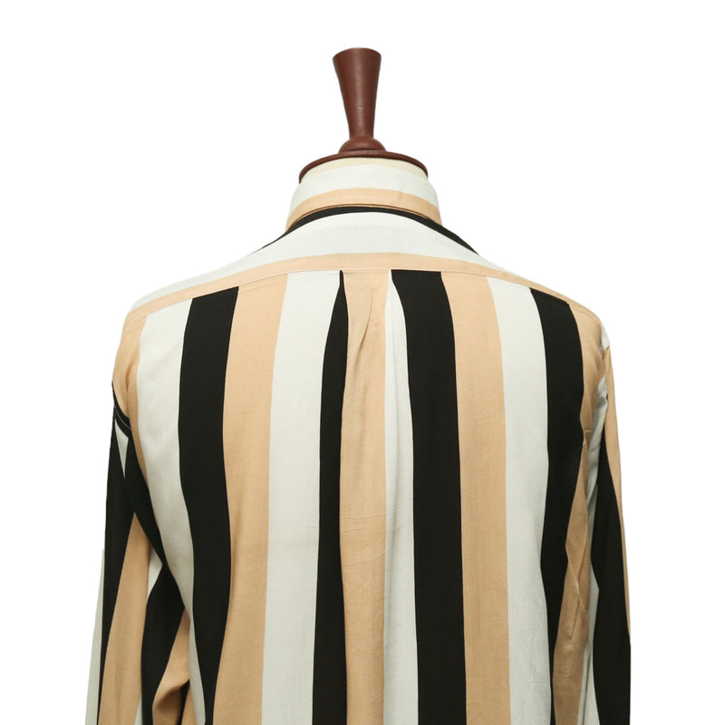 Mens Silky Shirt Button Up Beige Black Striped Long Sleeve Collared Dress Casual Retro Summer Tropical Beach Handmade Designer Medium