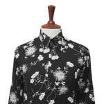 Mens Silky Shirt Button Up Black White Floral Long Sleeve Collared Dress Casual Summer Tropical Hawaiian Beach Handmade Designer Medium