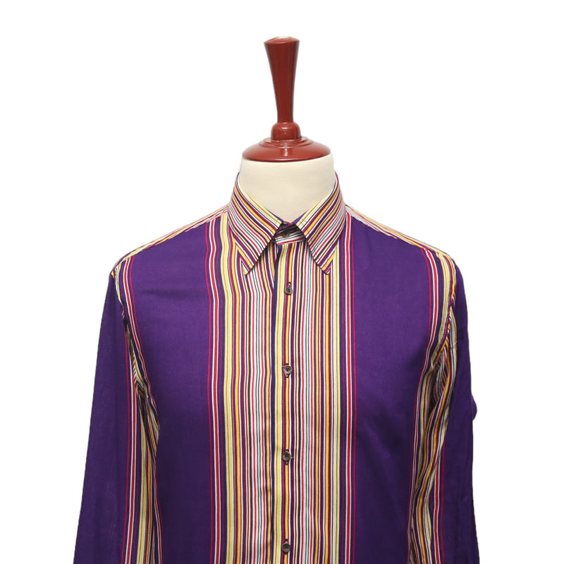 Mens Shirt Button Up Purple Yellow Striped Long Sleeve Collared Dress Casual Retro Summer Tropical Beach Handmade Designer Medium