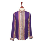 Mens Shirt Button Up Purple Yellow Striped Long Sleeve Collared Dress Casual Retro Summer Tropical Beach Handmade Designer Medium