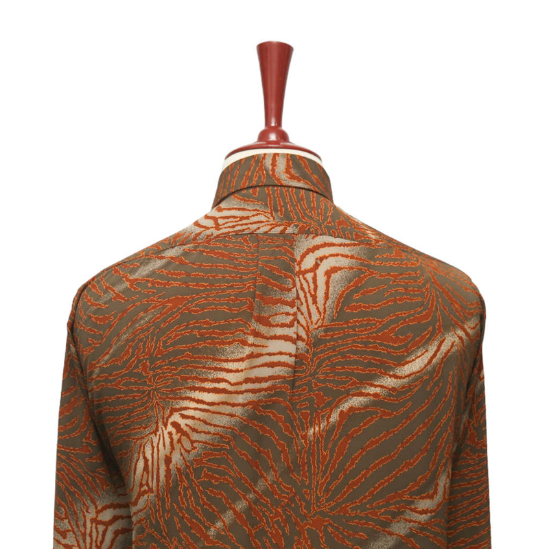 Mens Silk Shirt Button Up Brown Orange Animal Print Tiger Stripes Long Sleeve Collared Dress Casual Summer Tropical Hawaiian Beach Handmade Designer Medium