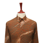 Mens Silk Shirt Button Up Brown Orange Animal Print Tiger Stripes Long Sleeve Collared Dress Casual Summer Tropical Hawaiian Beach Handmade Designer Medium