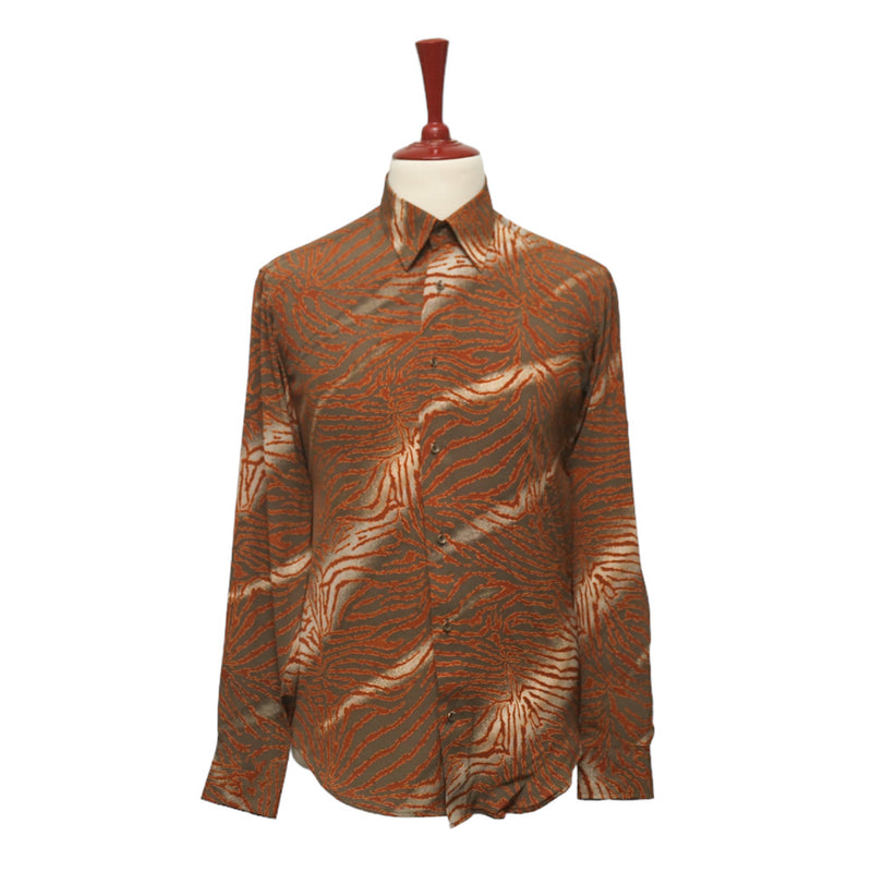 Mens Silk Shirt Button Up Brown Orange Animal Print Tiger Stripes Long Sleeve Collared Dress Casual Summer Tropical Hawaiian Beach Handmade Designer Medium