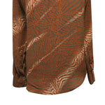 Mens Silk Shirt Button Up Brown Orange Animal Print Tiger Stripes Long Sleeve Collared Dress Casual Summer Tropical Hawaiian Beach Handmade Designer Medium