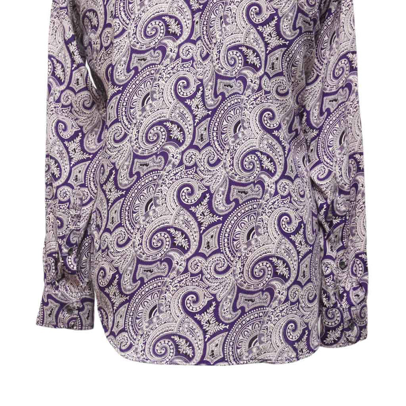 Mens Silky Shirt Button Up Purple Baroque Paisley Long Sleeve Collared Dress Casual Summer Tropical Hawaiian Beach Handmade Designer Medium