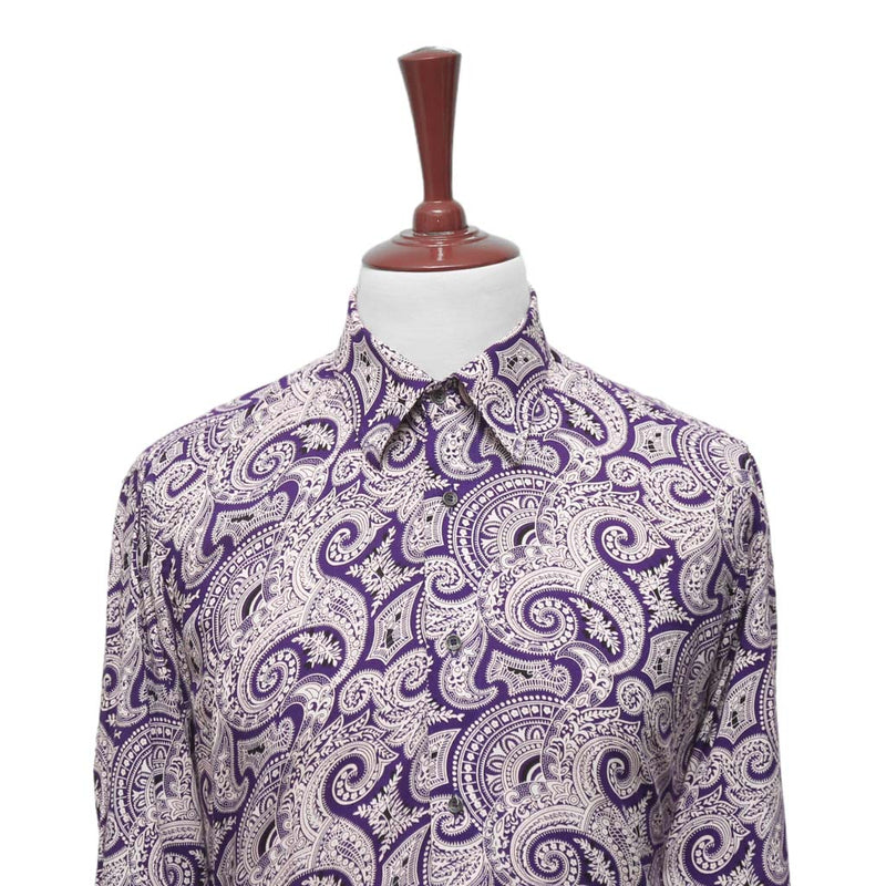 Mens Silky Shirt Button Up Purple Baroque Paisley Long Sleeve Collared Dress Casual Summer Tropical Hawaiian Beach Handmade Designer Medium