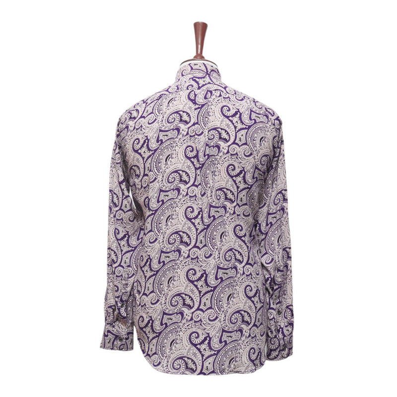Mens Silky Shirt Button Up Purple Baroque Paisley Long Sleeve Collared Dress Casual Summer Tropical Hawaiian Beach Handmade Designer Medium