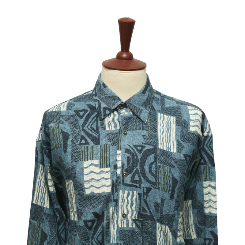 Mens Shirt Button Up Blue Abstract Geometric Long Sleeve Collared Dress Casual Aztec Navajo Retro Beach Handmade Designer XL