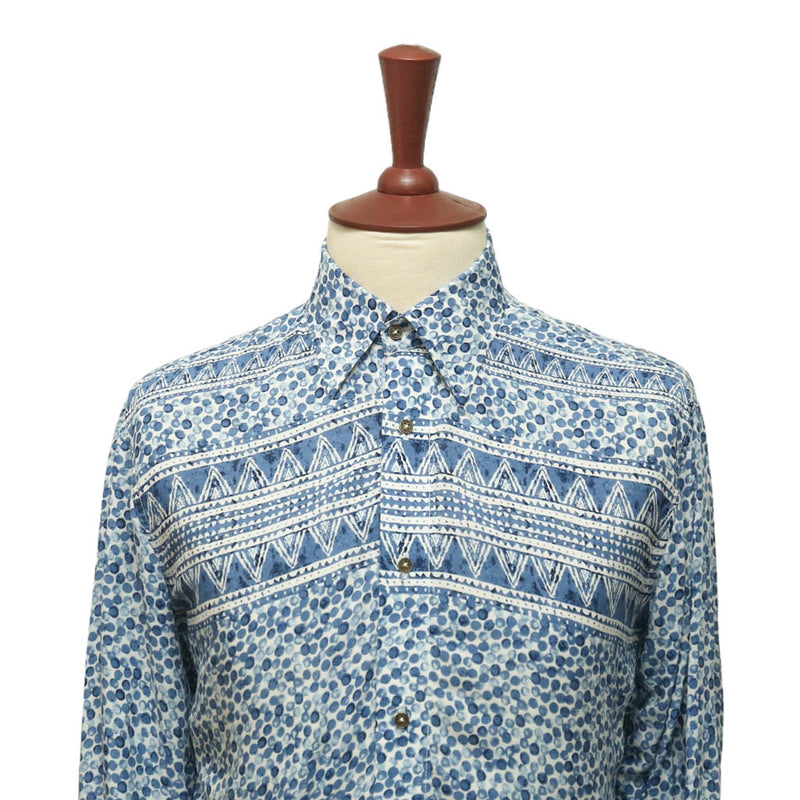 Mens Silky Shirt Button Up Blue White Geometric Long Sleeve Collared Dress Casual Retro Summer Tropical Beach Handmade Designer Medium