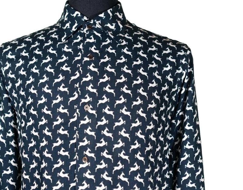 deer dress shirt Mens Silky Shirt Button Up Green White Deer Animal Print Long Sleeve Collared Dress Casual Summer Tropical Hawaiian Beach Handmade Medium