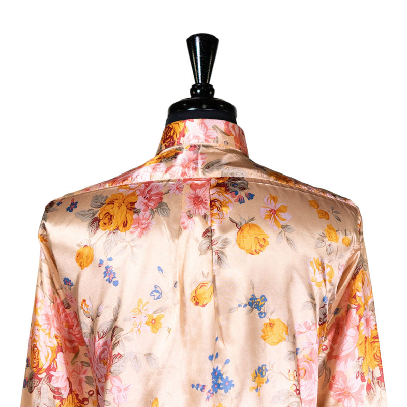 Mens Silk Shirt Button Up Beige Floral Long Sleeve Collared Dress Casual Summer Tropical Hawaiian Beach Handmade Designer Large