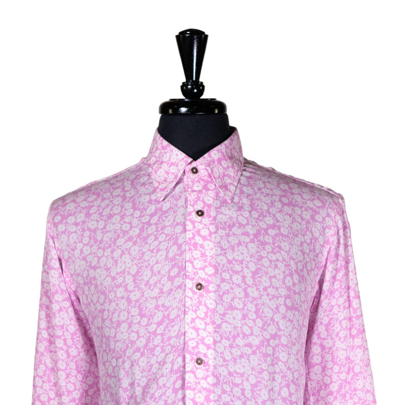 Mens Shirt Button Up Pink White Floral Linen Long Sleeve Collared Dress Casual Summer Tropical Hawaiian Beach Handmade Medium