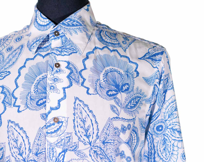 Mens Shirt Button Up Blue White Floral Cotton Long Sleeve Collared Dress Casual Summer Tropical Hawaiian Beach Handmade Medium