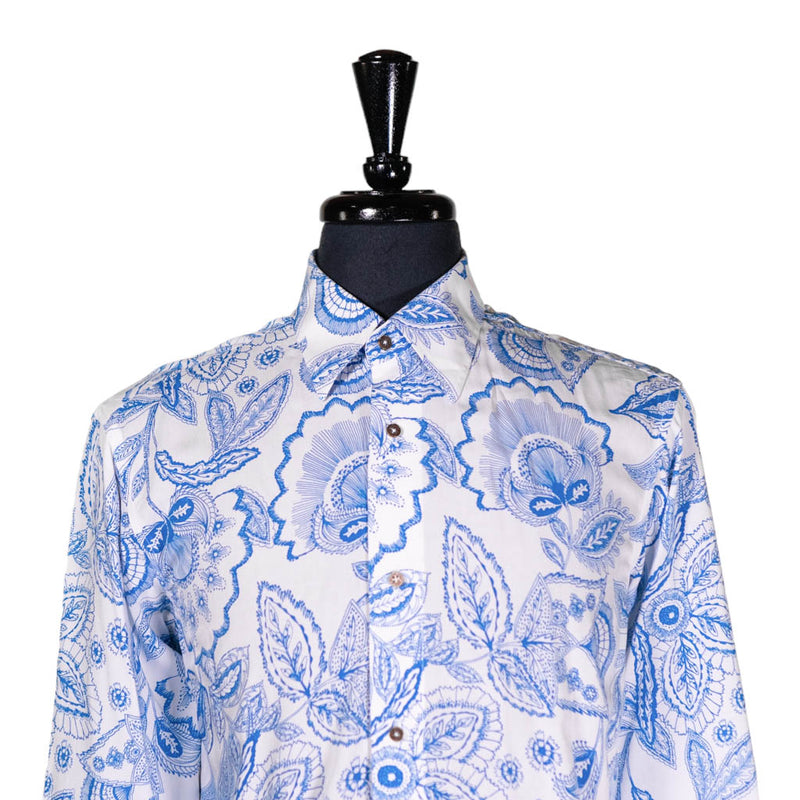 Mens Shirt Button Up Blue White Floral Cotton Long Sleeve Collared Dress Casual Summer Tropical Hawaiian Beach Handmade Medium