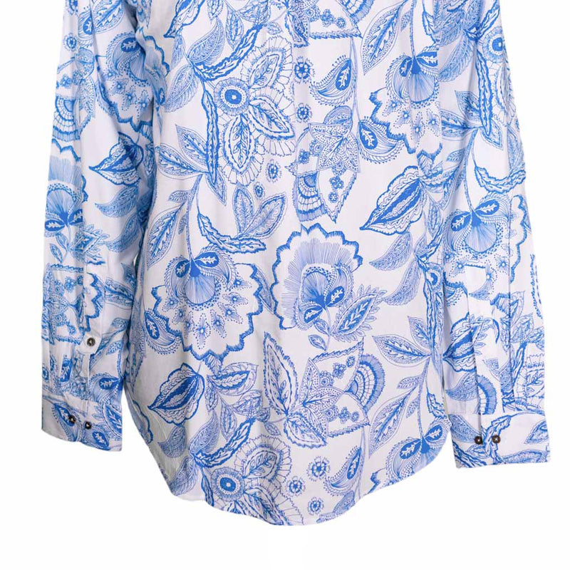 Mens Shirt Button Up Blue White Floral Cotton Long Sleeve Collared Dress Casual Summer Tropical Hawaiian Beach Handmade Medium