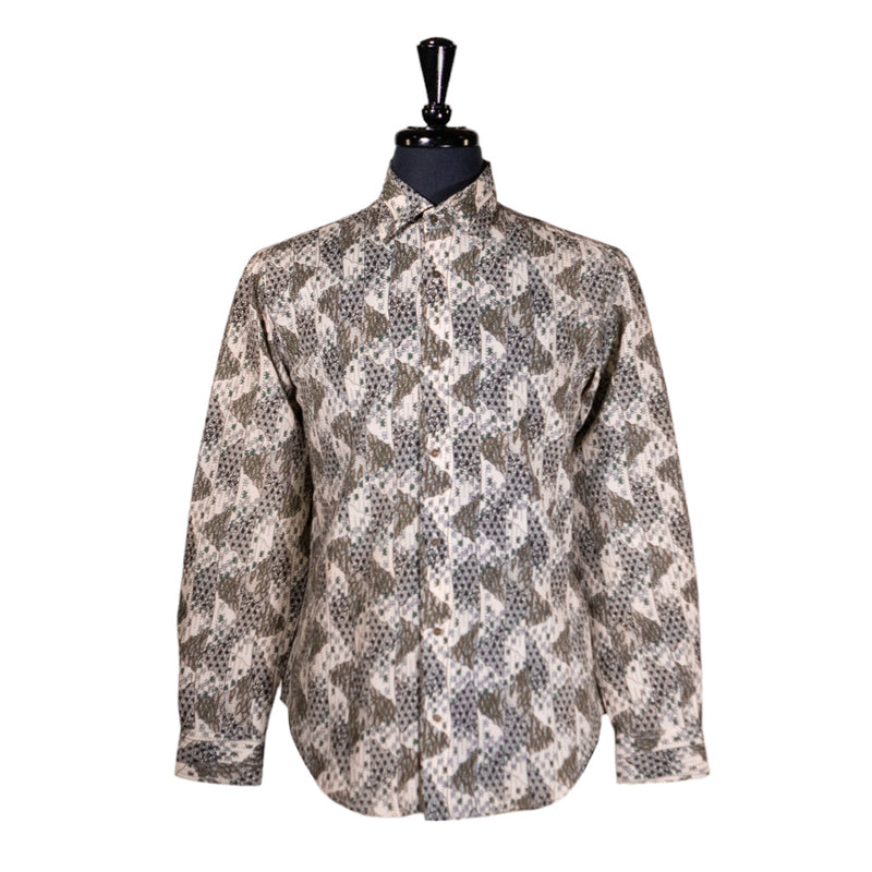Mens Shirt Button Up Beige Green Geometric Abstract Long Sleeve Collared Dress Casual Summer Tropical Hawaiian Beach Handmade Medium