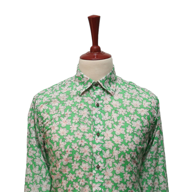 Mens Shirt Button Up Green White Floral Linen Blend Hawaiian Beach Casual Medium