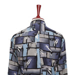 Mens Silk Shirt Button Up Blue Gray Geometric Abstract Hawaiian Beach Casual XL