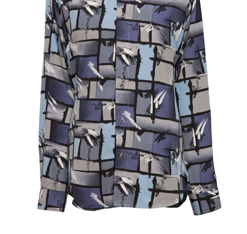 Mens Silk Shirt Button Up Blue Gray Geometric Abstract Hawaiian Beach Casual XL