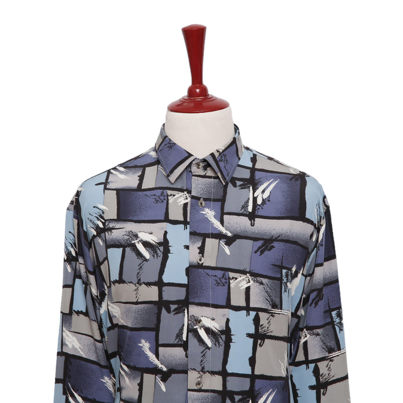 Mens Silk Shirt Button Up Blue Gray Geometric Abstract Hawaiian Beach Casual XL