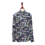 Mens Silk Shirt Button Up Blue Gray Geometric Abstract Hawaiian Beach Casual XL