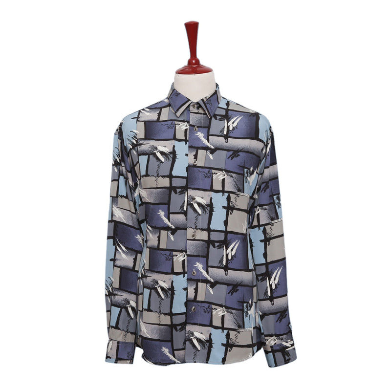 Mens Silk Shirt Button Up Blue Gray Geometric Abstract Hawaiian Beach Casual XL