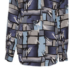 Mens Silk Shirt Button Up Blue Gray Geometric Abstract Hawaiian Beach Casual XL