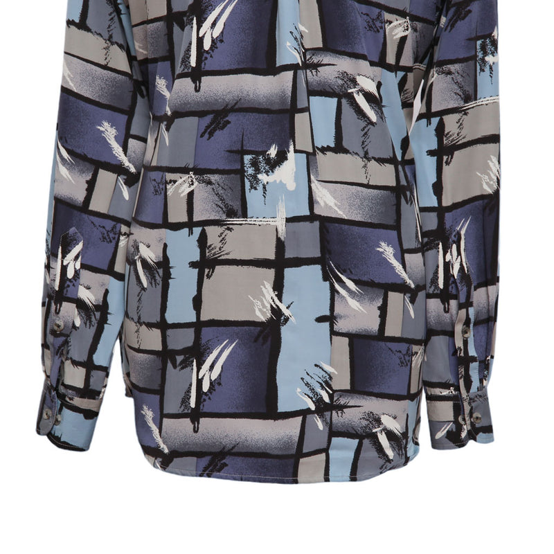 Mens Silk Shirt Button Up Blue Gray Geometric Abstract Hawaiian Beach Casual XL