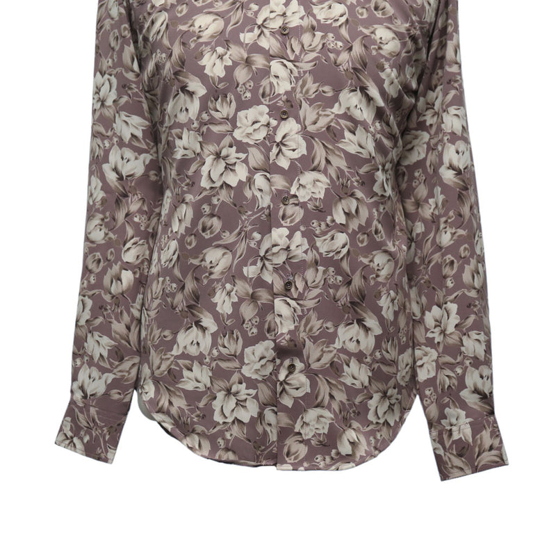 Mens Shirt Button Up Beige Purple Floral Silky Graphic Dress Casual Beach Medium