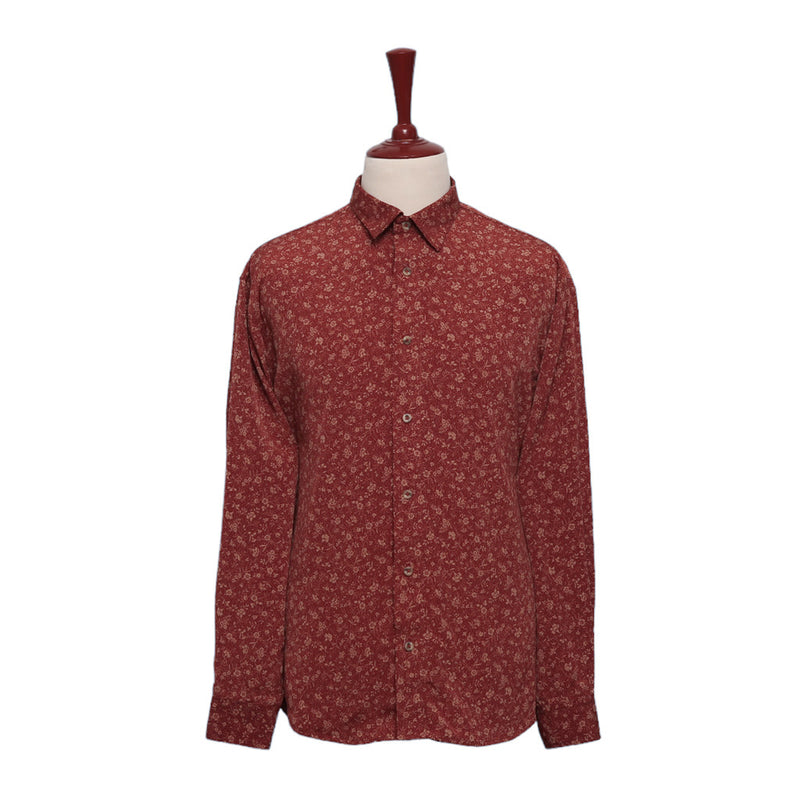 Mens Silk Shirt Button Up Clay Red Beige Floral Dress Casual Hawaiian Beach XL