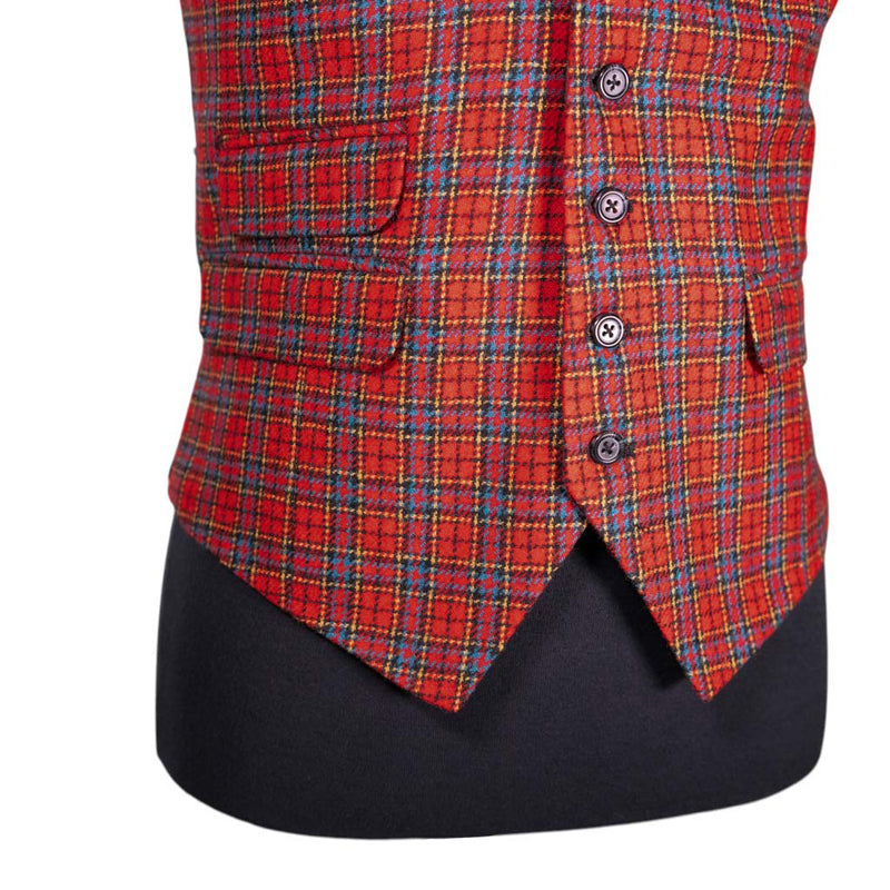 Mens Waistcoat Suit Lapel Vest 40R Red Teal Plaid 100% Wool Formal Wedding Party