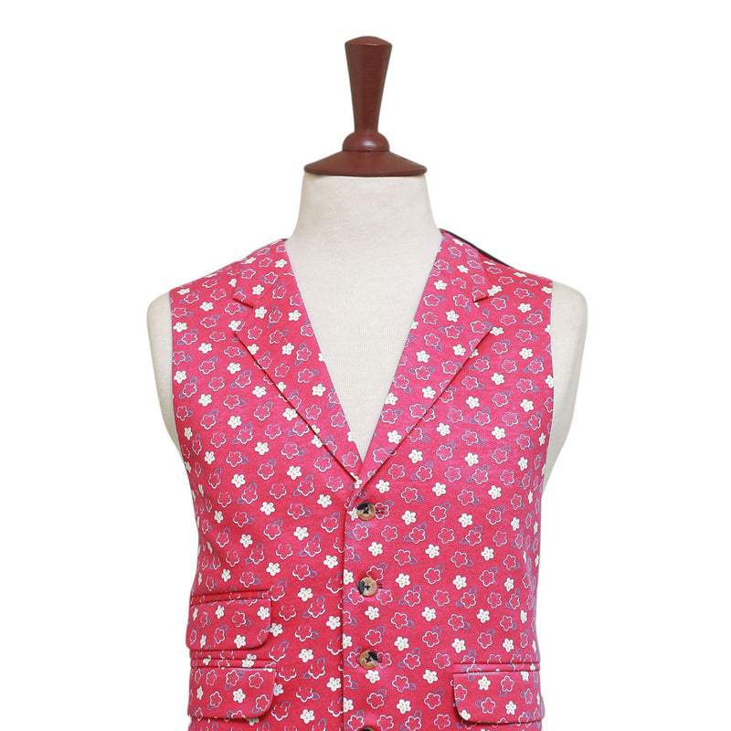 Mens Floral Vest 44R Pink White Cotton Waistcoat XL Formal Wedding Party