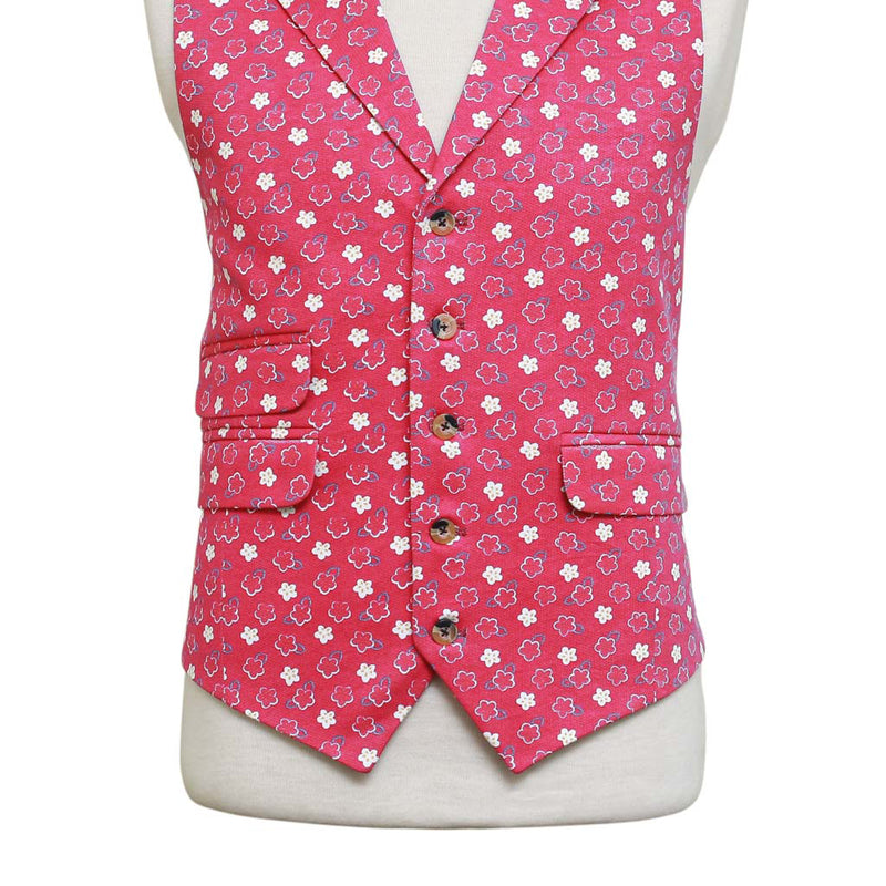 Mens Floral Vest 44R Pink White Cotton Waistcoat XL Formal Wedding Party