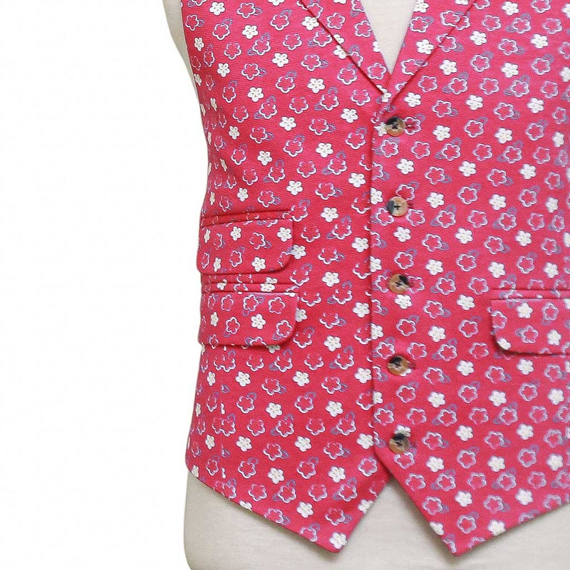 Mens Floral Vest 44R Pink White Cotton Waistcoat XL Formal Wedding Party