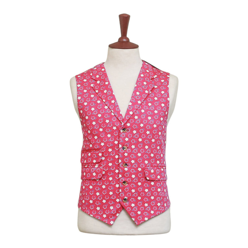 Mens Floral Vest 44R Pink White Cotton Waistcoat XL Formal Wedding Party