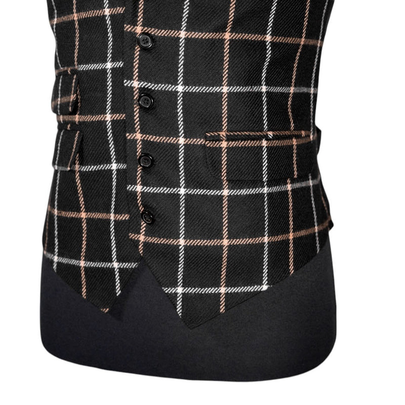 Mens Waistcoat Suit Lapel Vest 40R Black Beige Plaid Check Wool Formal Wedding