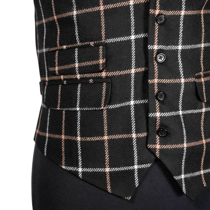 Mens Waistcoat Suit Lapel Vest 40R Black Beige Plaid Check Wool Formal Wedding