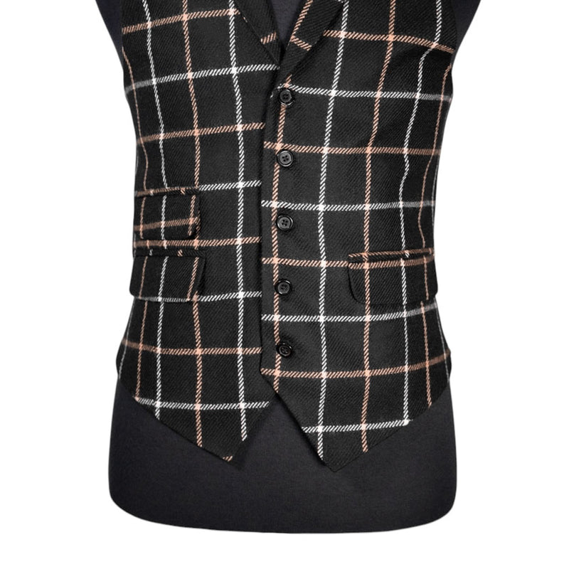 Mens Waistcoat Suit Lapel Vest 40R Black Beige Plaid Check Wool Formal Wedding